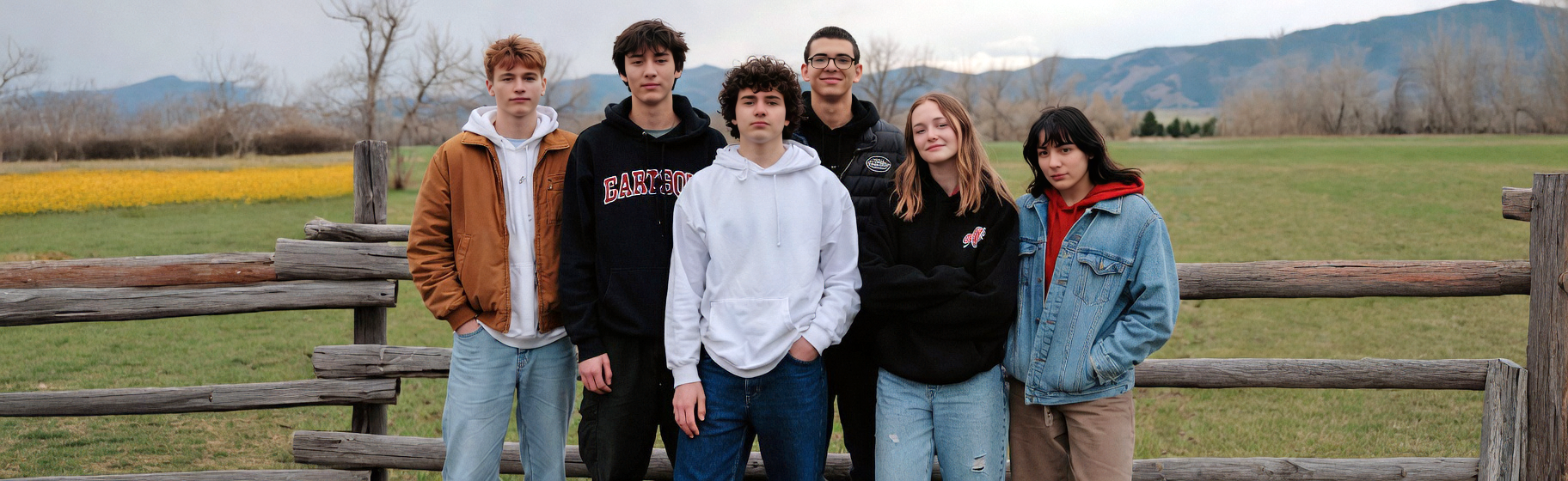 Six young adults pose for a photo with beautiful Montana background